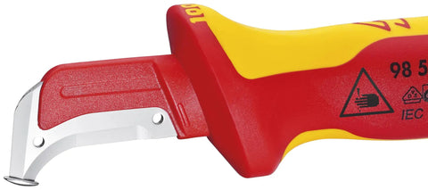 Close-up of Workhorse Pro Grade 1000V Insulated Dismantling Knife with fixed hook sickle blade and slip guard handle, made in Germany.