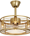 Gold Finish Caged Ceiling Fan with Light Remote Control Fandelier with Reversible Copper Motor 6 Speed Settings 18 Inch for Bedroom and Kitchen
