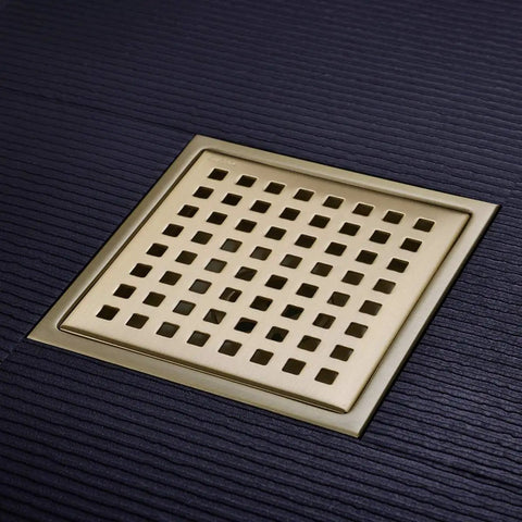 Six Inch Stainless Steel Square Shower Floor Drain With Threaded Adapter And Removable Cover Grid In Brushed Gold Finish