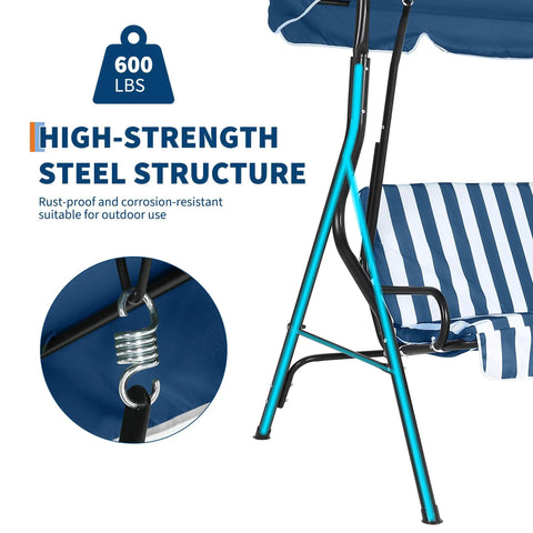 Close-up of sturdy steel frame and suspension of Three Seat Outdoor Porch Swing With Adjustable Canopy For Adults Plush Cushions.