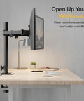 Heavy Duty Dual Monitor Arm Desk Mount For Two Screens 13 To 32 Inches Vesa Compatible Swivel Stand holding a monitor on a desk.