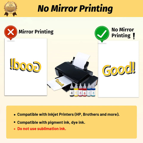 Inkjet printer with Light Tee Transfer Paper for Inkjet Printers 20 Sheets 8.5x11 Inches Printable Iron On Transfers, no mirror printing instruction.