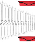 Combo Wrench Set 33 Piece Chrome Vanadium Steel Wrenches 12 Point SAE And Metric From Quarter Inch To One Inch And Six To Twenty Two Millimeters With Rolling Pouch Pro Grade Heavy Duty Anti Rust Finish ANSI Standard displayed with red pouch