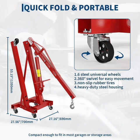 Built Different 2 Ton Folding Engine Hoist Paired With 3 4 Ton Under Hoist Support Stand featuring steel wheels and adjustable boom.