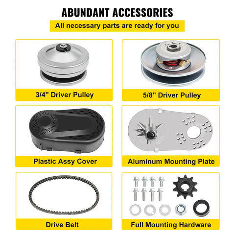 Heavy Duty Mean Machine Torque Converter For 4 To 7 Horsepower Go Kart Clutch accessories including pulleys, cover, belt, and hardware.