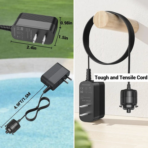 Replacement Charger Cord For Cordless Pool Vacuum Systems with plug and play adapter, showing cord length and details.
