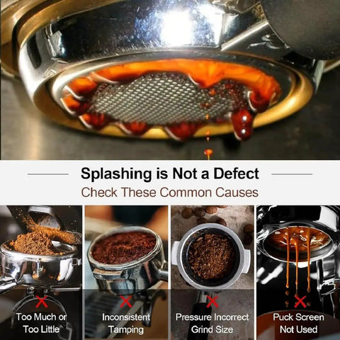 51mm Bottomless Portafilter With 3 Ears For Dedica EC680 EC685 showing espresso extraction with visible coffee grounds.