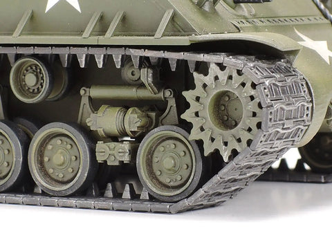 Close-up of T66 tracks on One Forty Eight Scale US Medium Tank M4A3E8 Sherman Plastic Model Kit With Realistic Cast Turret Welded