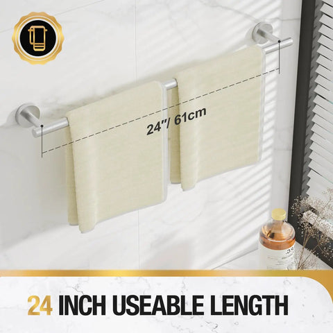 Brushed Nickel 24 Inch Towel Bar Wall Mounted Stainless Steel Bath Rack with towels hanging, showing 24" usable length.