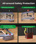 Safety features of Falcon 10W Laser Engraver With Air Assist And Rotary Roller displayed including emergency stop and limit switch.