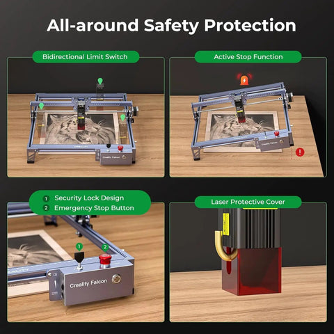 Safety features of Falcon 10W Laser Engraver With Air Assist And Rotary Roller displayed including emergency stop and limit switch.