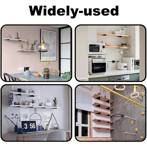 Various indoor setups using Heavy Duty Triangle Shelf Brackets For Wall Mount Floating Corner Supports Sturdy Iron Metal.