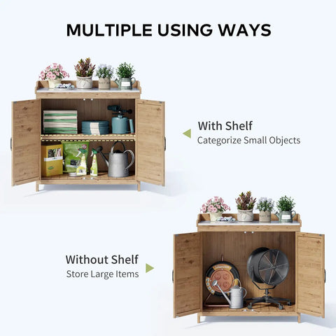 Outdoor Potting Bench With Metal Tabletop And Double Doors Garden Work Bench for organizing tools and plants, adjustable shelf option.
