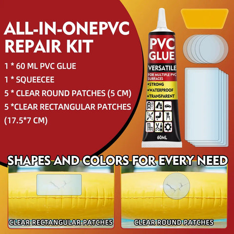 Waterproof Air Mattress Patch Repair Kit With 60ml PVC Glue and clear vinyl patches, includes round and rectangular shapes.