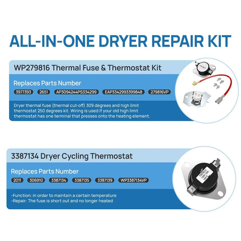Heating Element Replacement For Whirlpool Amana Kenmore Dryers Fits Wed4815ew1 Ned4655ew1 Medx655dw And 110 70 80 Series Dryer Parts Replacement Kit With Easy Install showing WP279816 thermal fuse and thermostat kit details.