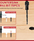 Hella Tough Fifteen Piece Hss Countersink Drill Bit Set For Wood with adjustable stop ring for flush and hidden screws.