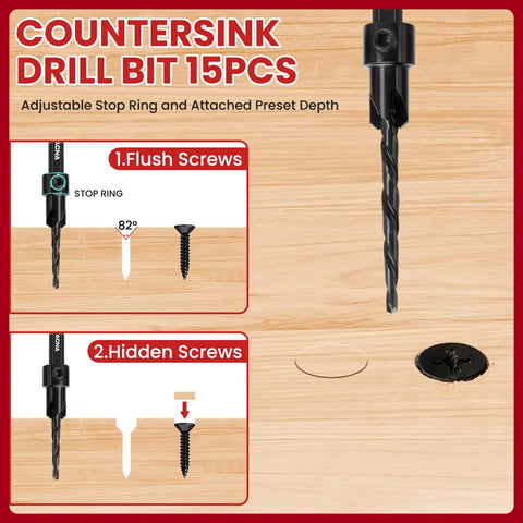 Hella Tough Fifteen Piece Hss Countersink Drill Bit Set For Wood with adjustable stop ring for flush and hidden screws.