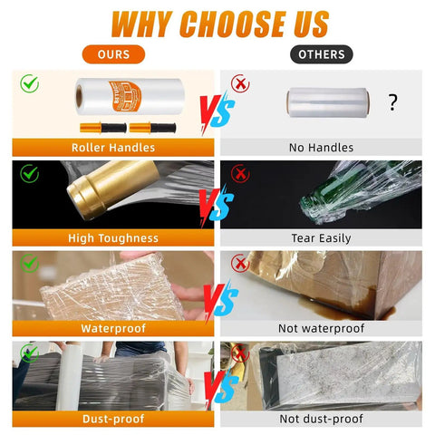 Comparison of Beefy Heavy Duty Stretch Wrap 15 Inch By 1000 Feet 2 Pack with competitor, highlighting roller handles, toughness, waterproof, dust-proof qualities.