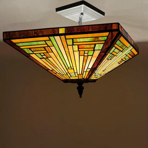 Tiffany Style Stained Glass Ceiling Lamp 2 Light 14 Inch Wide Amber Brown Semi Flush Mount Handcrafted Glass Shade
