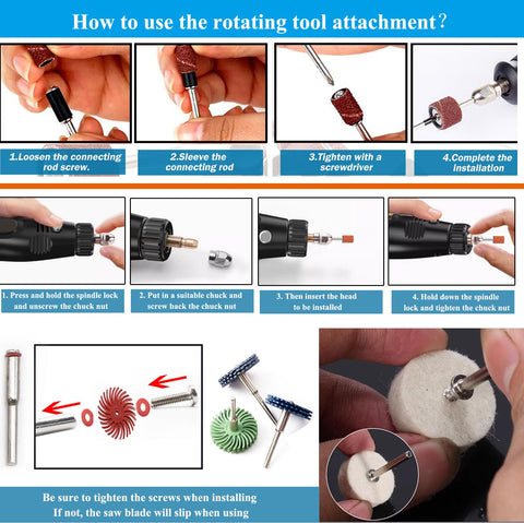 Instructions for using rotary tool with 185 Piece Wool Felt Polishing Kit With Sanding Drum For One Eighth Inch Shank Rotary Tools