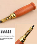 Premium Adjustable Leather Hole Punch Tool With Five Brass Drill Bits From 1.5MM To 4.0MM showing the wooden handle and brass bits.