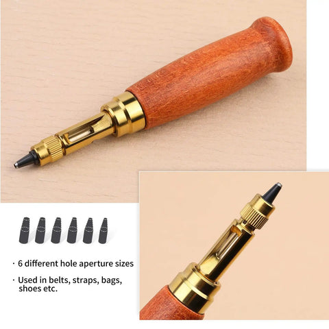 Premium Adjustable Leather Hole Punch Tool With Five Brass Drill Bits From 1.5MM To 4.0MM showing the wooden handle and brass bits.