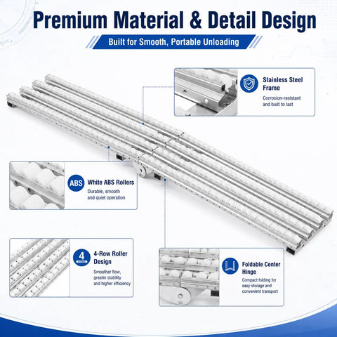 Heavy Duty Gravity Roller Conveyor 78.7 Inch with stainless steel frame and ABS rollers for smooth unloading.