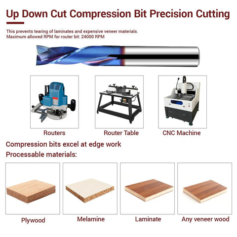 Up Down compression router bit, CNC machine, router table, and wood types for 3/8 router bit use
