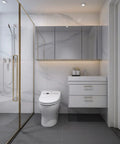 Modern bathroom with shower and toilet, featuring 4 Inch LED Recessed Lights 10 Pack With Adjustable Eyeball Gimbal in ceiling.