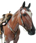 Top Shelf Western Leather Headstall And Breast Collar Tack Set With Lucky Dice Tooling Antique Copper Hardware And Checkyard Patterns Built For Any Arena Run on a horse model, showcasing its detailed design.