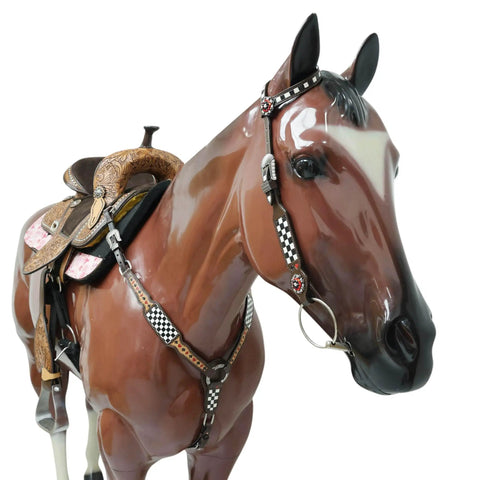 Top Shelf Western Leather Headstall And Breast Collar Tack Set With Lucky Dice Tooling Antique Copper Hardware And Checkyard Patterns Built For Any Arena Run on a horse model, showcasing its detailed design.