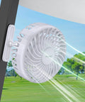 Rechargeable Magnetic Golf Cart Fan With 3 Speeds, attached to golf cart window, white fan providing cooling breeze, adjustable tilt