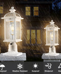 Dusk To Dawn Outdoor Post Light With Seeded Glass for Patio Pathway, white lamp, waterproof, IP65, shown on rainy night