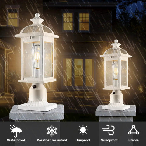 Dusk To Dawn Outdoor Post Light With Seeded Glass for Patio Pathway, white lamp, waterproof, IP65, shown on rainy night