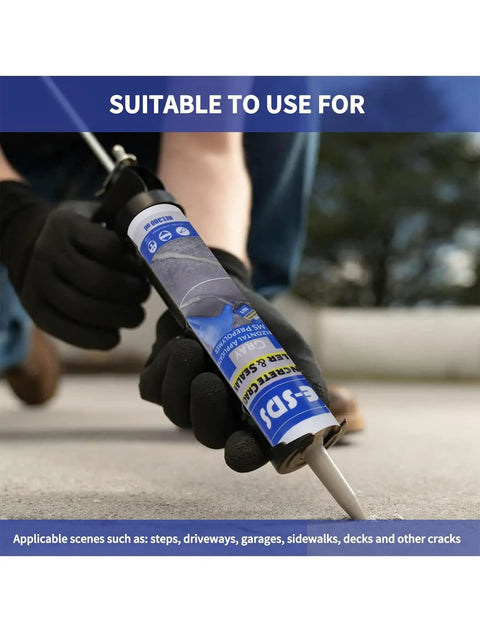 Person applying Outdoor Concrete Crack Filler and Waterproof Sealant, Polyurethane Self Leveling Patch on driveway surface.