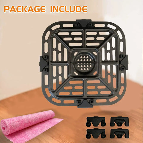 Upgraded Square Air Fryer Grill Plate For 2 Quart Instant Vortex Mini Nonstick Crisper Pan Insert Rack on wooden surface.