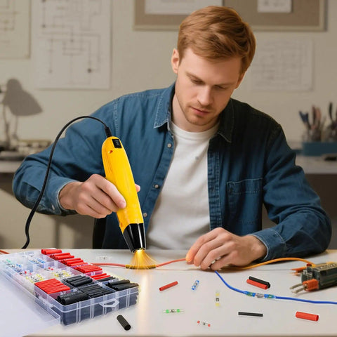 Man using 620-Piece Solder Seal Wire Connectors And Heat Shrink Tubing Kit For Waterproof Marine And Automotive Wiring Projects