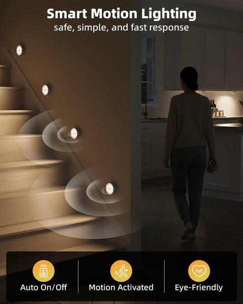4 Pack Motion Sensor Closet Lights USB C Rechargeable Puck Lights For Under Cabinet And Stairs Dimmable 1200mAh Battery