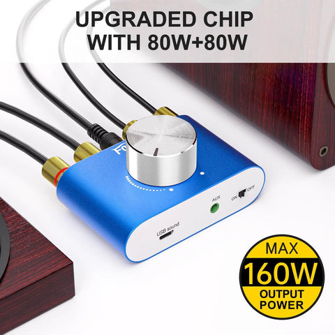F900S 160W Mini Bluetooth 5.0 Power Amplifier with 2 channel 80W x 2 stereo, featuring AUX and USB inputs, shown with cables connected.