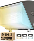 LED Wall Pack Light With Photocell 150W 120W 100W Options, showing angled view and color temperature options, IP65 rated