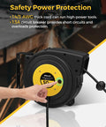 Heavy Duty Retractable Extension Cord Reel 50 Feet Long With Rugged 14 AWG Wiring And Three Bright Lighted Outlets, close-up of 13A circuit breaker.