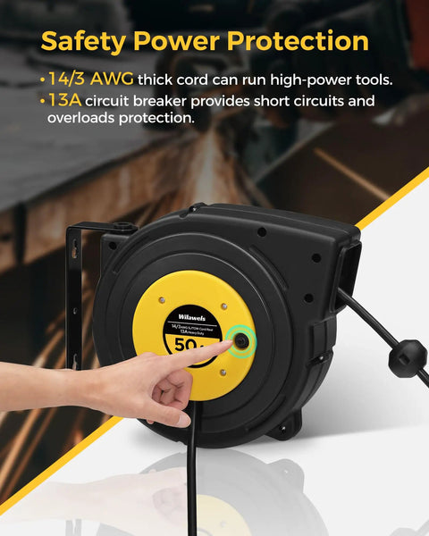 Heavy Duty Retractable Extension Cord Reel 50 Feet Long With Rugged 14 AWG Wiring And Three Bright Lighted Outlets, close-up of 13A circuit breaker.
