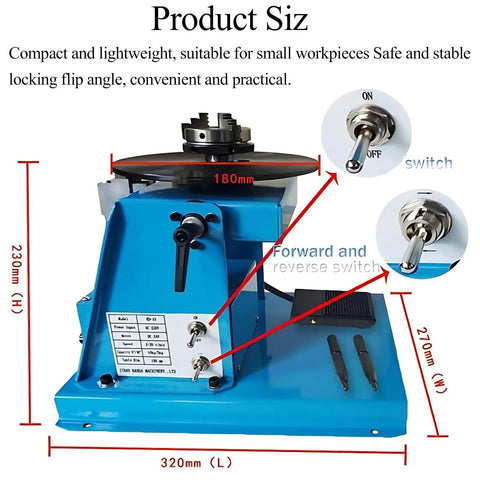 Top Shelf Rotary Welding Positioner With 90 Degree Tilt Table And Smooth 180Mm Turntable, showcasing control panel and dimensions.