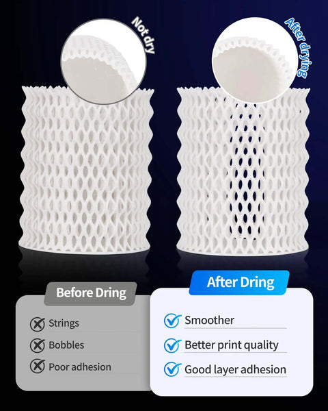 Comparison of 3D prints before and after using Dual Spool Filament Dryer Box for 3D Printer, showing improved print quality.