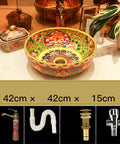 Round Vessel Sink, Chinese Style Bathroom Artistic Porcelain Bowl With Faucet Pop-Up Drain, 16.5" ceramic basin.