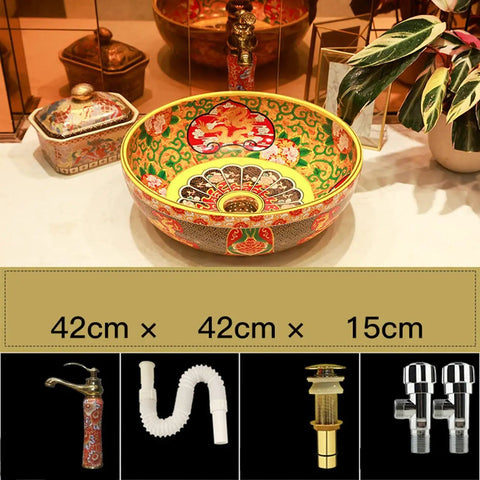 Round Vessel Sink, Chinese Style Bathroom Artistic Porcelain Bowl With Faucet Pop-Up Drain, 16.5" ceramic basin.