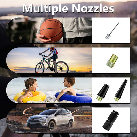 Image showing multiple nozzles for Go To Tire Inflator Portable Air Pump 150 PSI Battery Powered With 5000mAh Capacity.