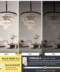 Lit 12 Light Crystal Chandelier, 23.64 Inch Black Three Tier Pendant Ceiling Light Fixture For Dining Room, dimmable settings