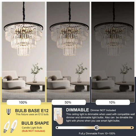 Lit 12 Light Crystal Chandelier, 23.64 Inch Black Three Tier Pendant Ceiling Light Fixture For Dining Room, dimmable settings