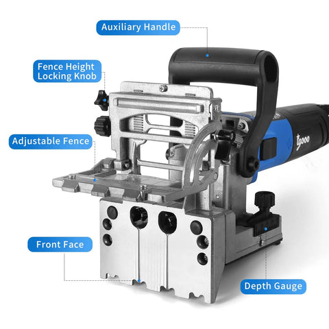 Dual Spindle Doweling Jointer Heavy Duty Workhorse With Precision Rack And Pinion For Dead On Accuracy Variable Depth Up To 38mm showing auxiliary handle, adjustable fence, and depth gauge.